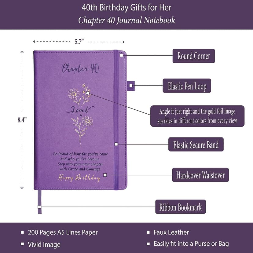 Hardcover Notebook Gold Foil 200 Pages A5 Lined, Birthday Gift for Turning 40 Year Old Woman Friends Mom Sister Daughter Wife 40th Birthday Gifts Women, Chapter 40 Birthday Gift Journal Purple for Her B0H7R85C9S