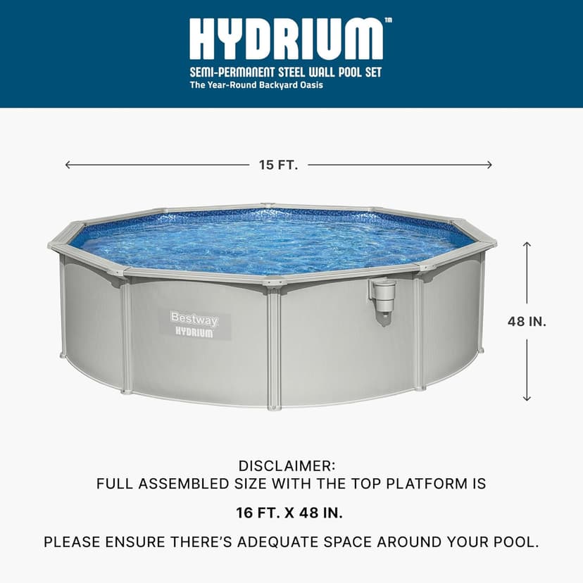 Bestway Hydrium Above Ground Swimming Pool, 15' x 48" Round Steel Wall Pool Set with Sand Filter Pump, Chemical Dispensers, and Accessories