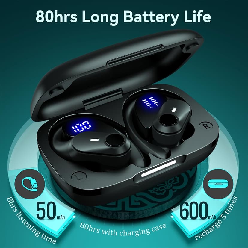 Hybrid Active Noise Cancelling Ear Buds Wireless Earbuds Bluetooth Headphones with 80H Playback Wireless Charging Case & Dual LED Display Over Ear Hooks Earphones for Sports Running Gym Workout Black