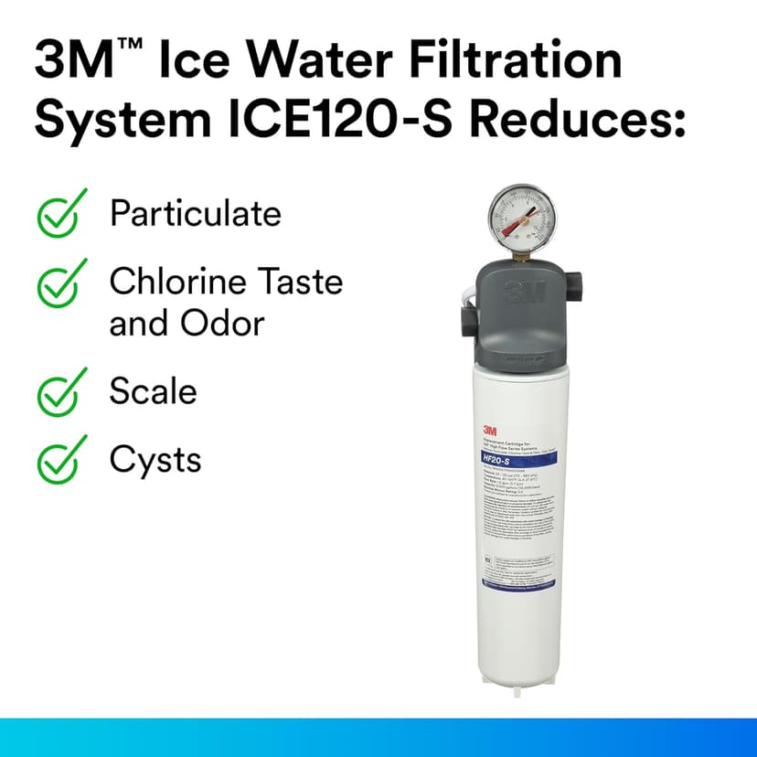 3M Water Filtration Products System for Commercial Ice Maker Machines ICE120-S, Reduces Sediment, Microplastics, Chlorine Taste and Odor, Cysts, Inhibits Scale, 1.5 GPM, 9,000 Gallon Capacity