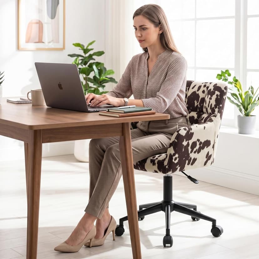 CIMOTA Cow Print Office Chair with Wheels, Height Adjustable Swivel Desk Chair with Arms & Mid Back, Comfy Fabric Vanity Computer Chair for Home Office/Living Room/Bedroom