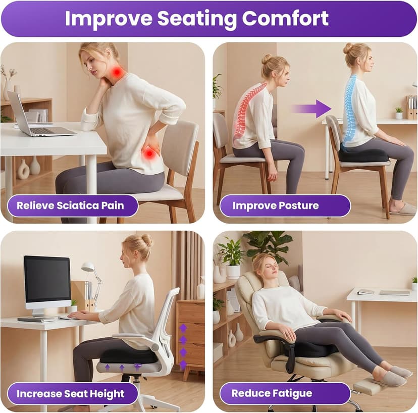 ZZ-WELL Seat Cushions for Office Chairs - Patented Coccyx Cushion for Tailbone Pain - 21.2" W x 16.5" L Memory Foam Extra Large Seat Cushion, Removable & Machine Washable Cover (Black)