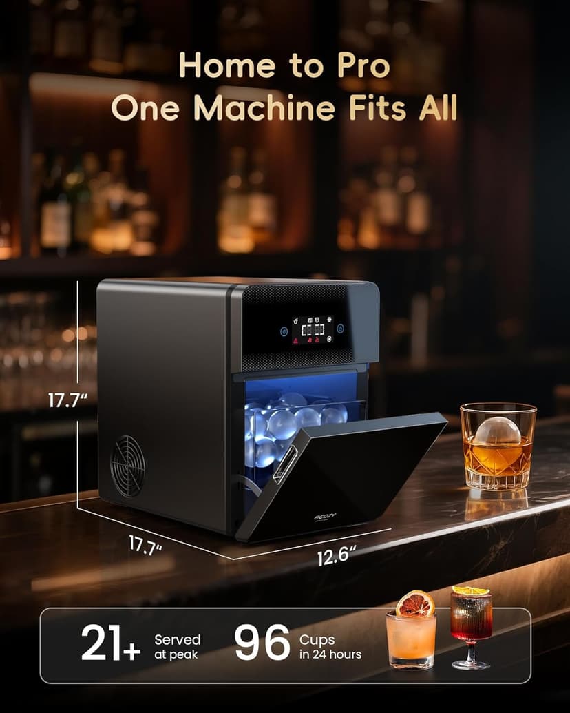 ecozy 2.4" Clear Ice Ball Maker Countertop with CrystalFlux Technology, 3 pcs in 45 Mins, 96 pcs/Day, Sphere Ice Maker with Automatic Water Supply, Self-Cleaning, Enhanced Insulation for Whiskey Bar