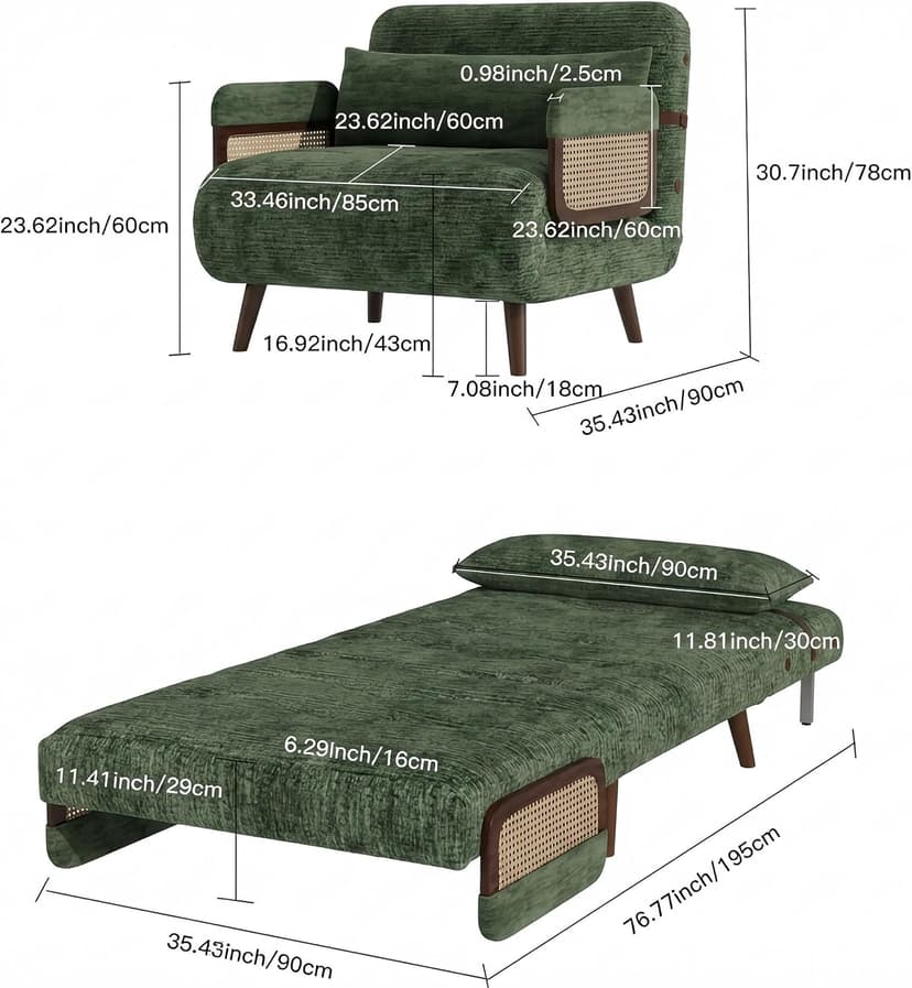 3-in-1 Convertible Sleeper Chair Bed for Adults, Chenille Fabric Armchair with 5-Level Adjustable Backrest, Folding Single Sofa Couch Futon Guest Bed with Pillow for Small Spaces, Office, Green 35.43"