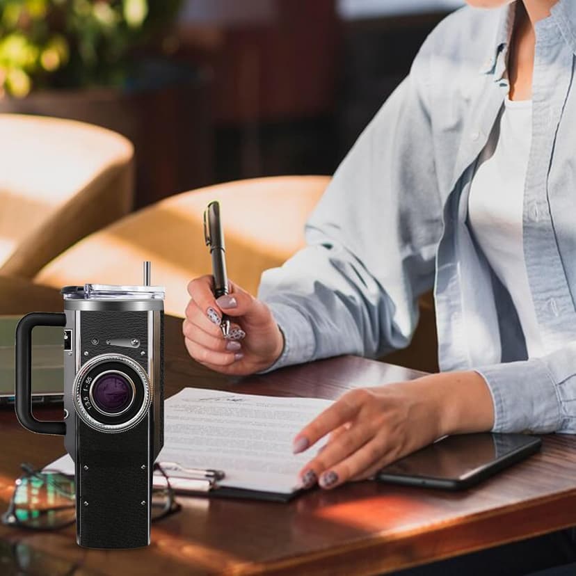 Photographer Gifts for Women Men Tumbler with Handle Straws 40oz Photography Lovers Camera Lens Coffee Cup Mugs, Cool Photographers Birthday Christmas Gifts