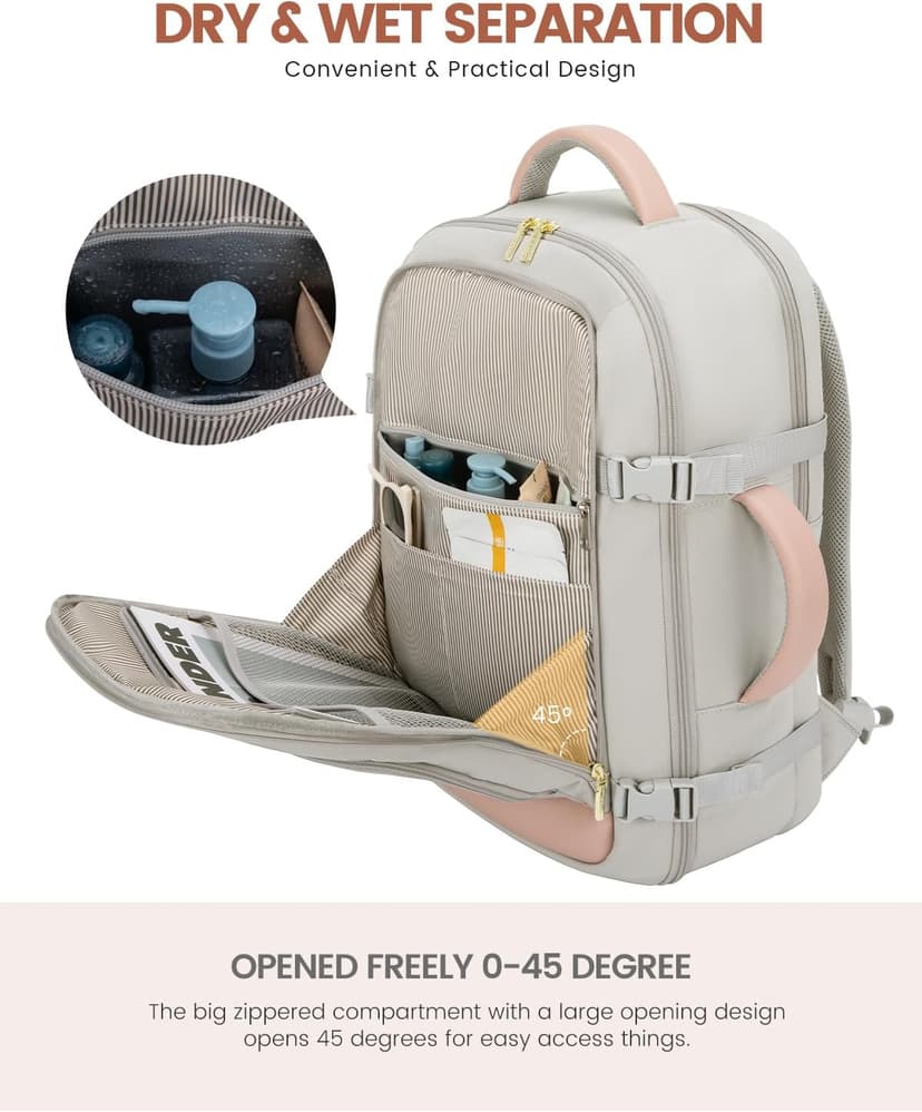 LOVEVOOK Travel Backpack For Women, 40L Carry On Backpack Flight Approved, TSA Personal Item Travel Bag Fits 17 Inch Laptop, Business Weekender Overnight Waterproof Daypack With 2 Cubes, Grey-Pink