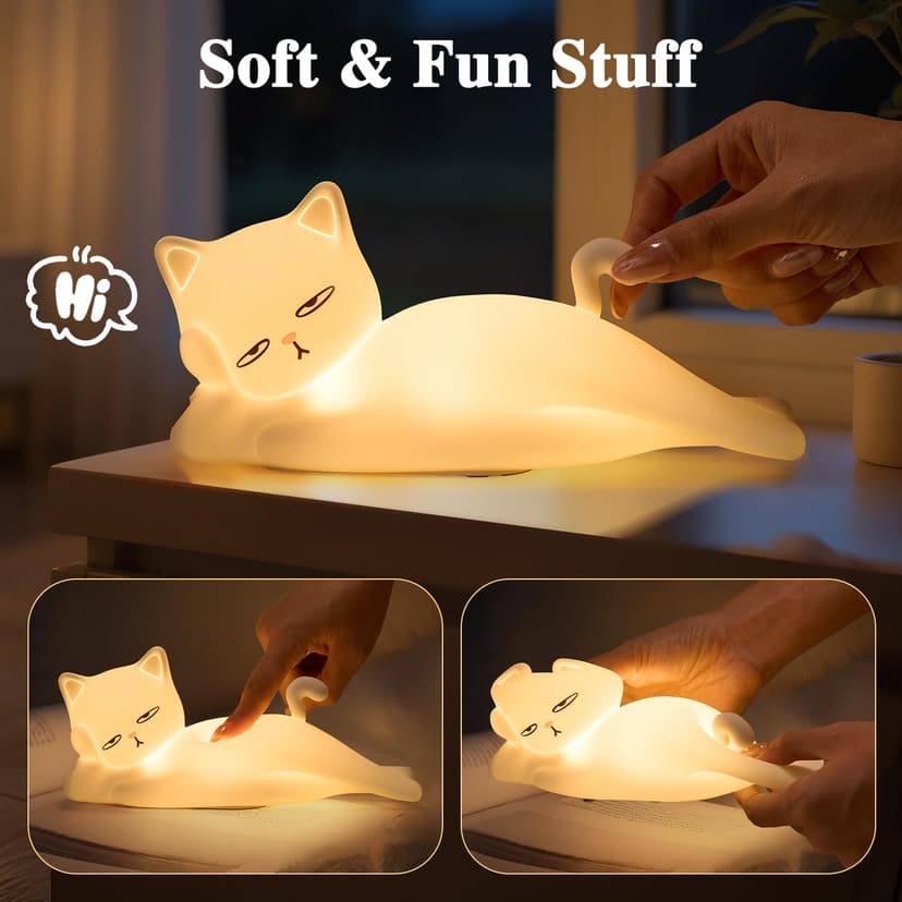 Lying Cat Lamp Funny Gifts, 16 Colors+5 Dimming+Silicone Random Stuff, Touch+Remote+Recharge Night Light, Unique Cool Lamp,Cute Weird Stuff, Squishy Cat White Elephant Gifts for Women/Men/Teens/Kids B0CH9K8NST