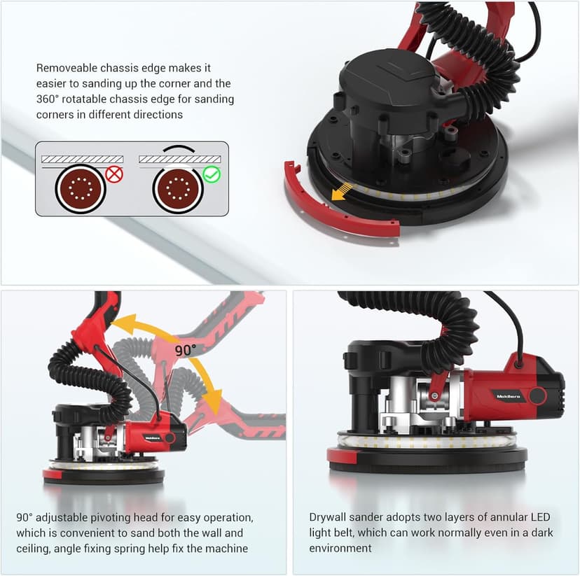 Drywall Sander, Popcorn Ceiling Removal Tool, 1000W Drywall Sander with Vacuum Dust Collector, 6 Variable Speed 500-2000rpm, 18pcs Sanding Discs, Led Light, Foldable & Extendable Handle