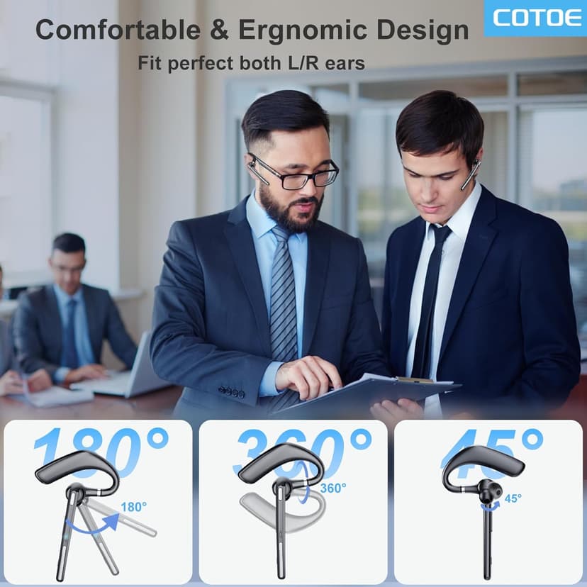COTOE Bluetooth Headset V5.3, Wireless Earpiece with 500mAh Charging Case Hand-Free Headphones Noise Canceling Mic for Office/Driving/Business,Black