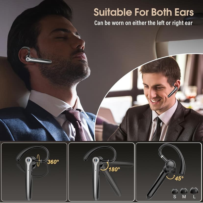 Atheewon Bluetooth Headset, Wireless Bluetooth Earpiece with ENC Noise Canceling Mic, 120Hrs Talk Single-Ear Headphones, LED Display, IPX7, V5.4 Hand-Free Earphone for Business/Trucker/Driver, Black