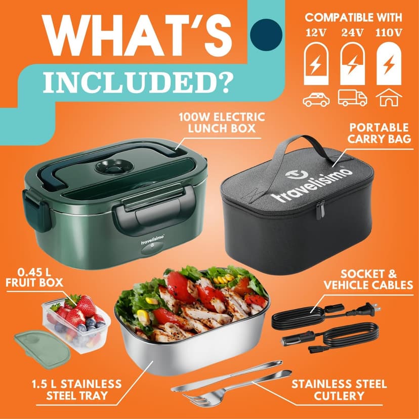 TRAVELISIMO Electric Lunch Box for Adults 100W Heated Lunch Box For Men 1.5L Stainless Steel Portable Food Warmer, 12/24/110V for Travel & Work, Loncheras Electricas Para Calentar almuerzo B0BZ3NCPB7