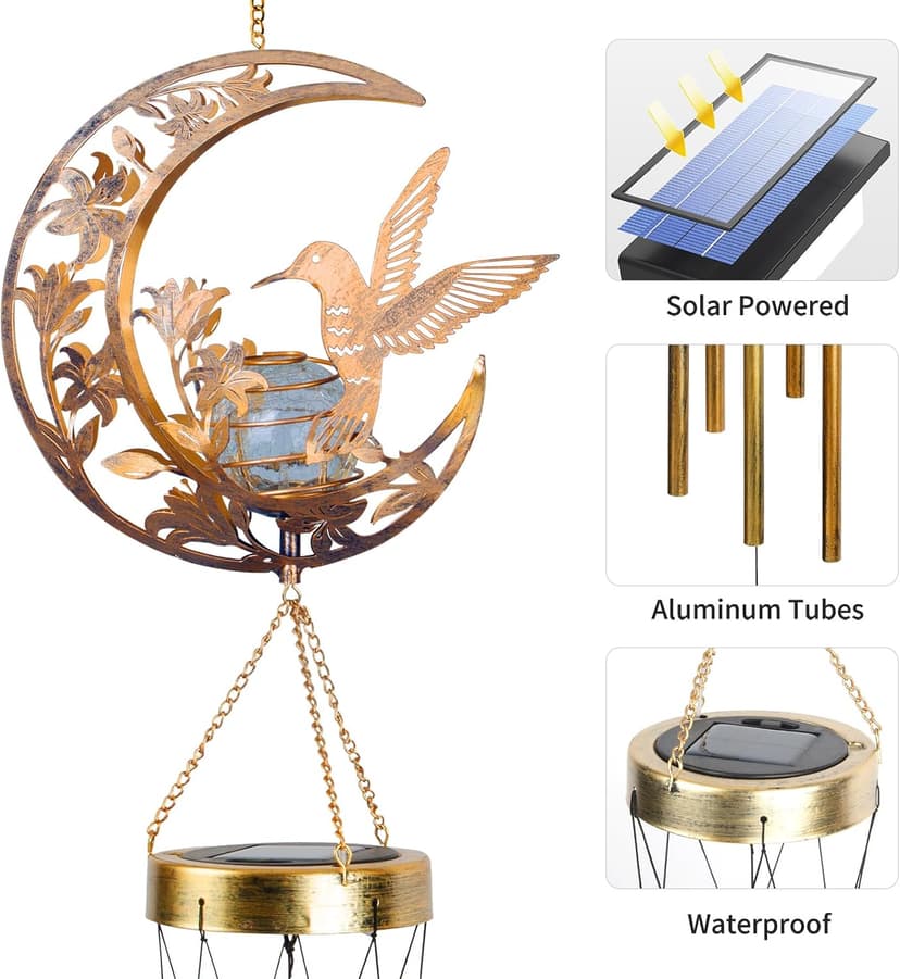 Moon Hummingbird Wind Chime Outdoor, Handcrafted Metal Garden Wind Chimes with Hummingbird Charms, Melodic Wind Bells for Patio Porch Decor, Weatherproof Gift for Nature Lovers & Bird Watchers B0F9YH8KZP