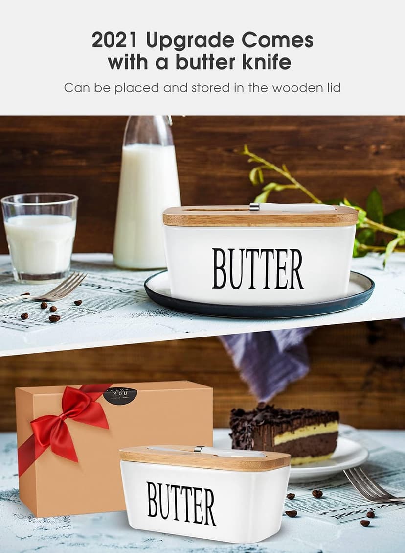 Butter Dish with Lid, Home Decor, Large Butter Dish for Countertop Ceramic Butter Keeper Container with Knife and High-Quality Silicone Sealing Butter Dish Good Kitchen Gift White