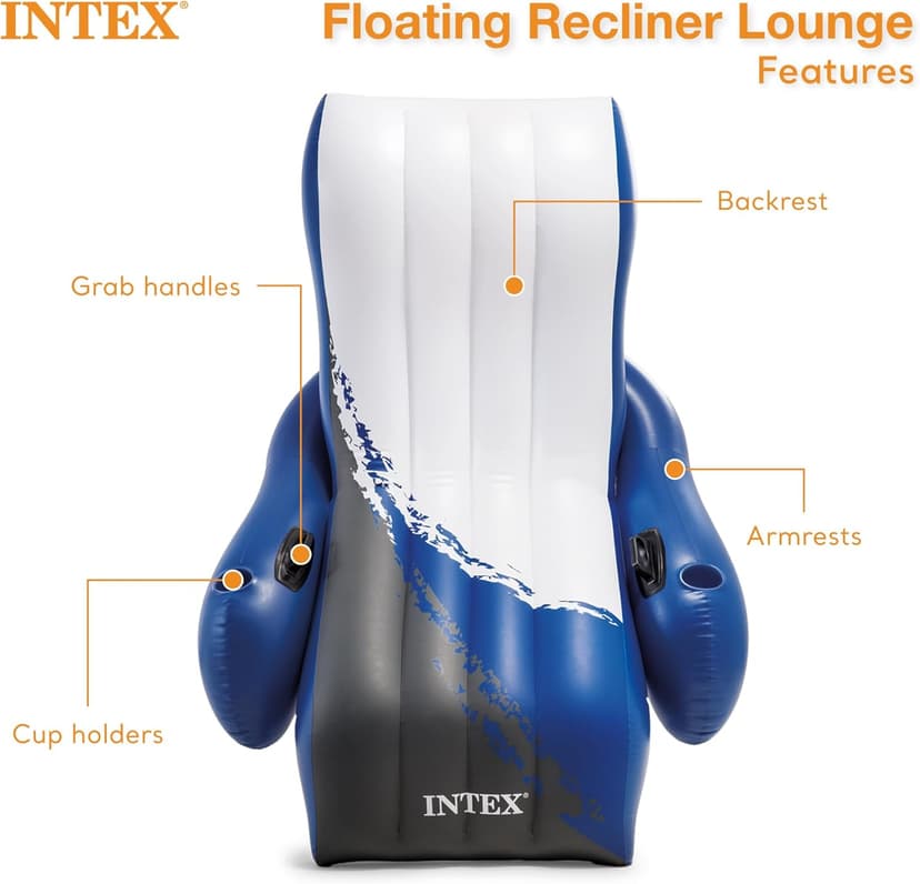 Intex Inflatable Lounge Pool Recliner Lounger Chair with Cup Holders - Heavy-Duty Float Raft for Adults, 220 Lb Capacity Large Floating Tanning Chair