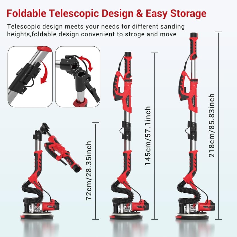 Drywall Sander, Popcorn Ceiling Removal Tool, 1000W Drywall Sander with Vacuum Dust Collector, 6 Variable Speed 500-2000rpm, 18pcs Sanding Discs, Led Light, Foldable & Extendable Handle