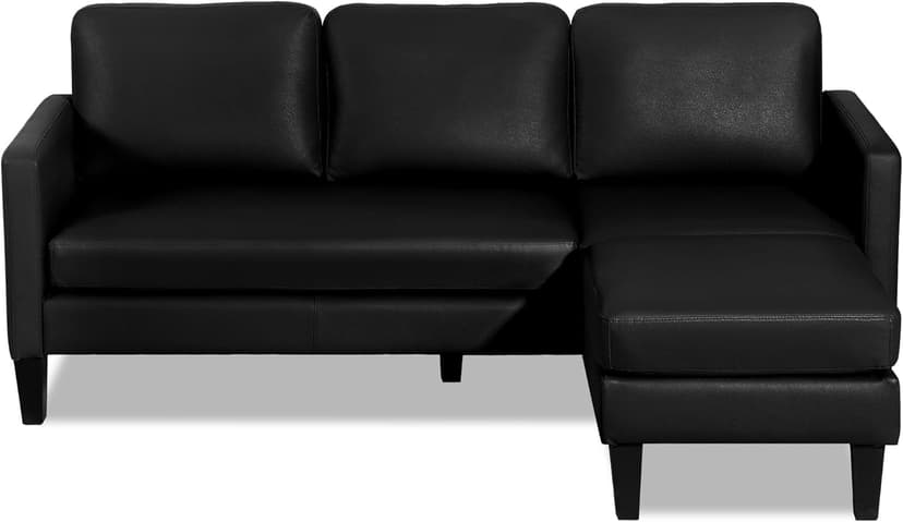 USSerenaY Faux Leather Sectional Couch, L Shaped Sofa with 3 Seater Couch and Reversible Chaise Convertible PU Leather Comfy Couches for Living Room (Black)