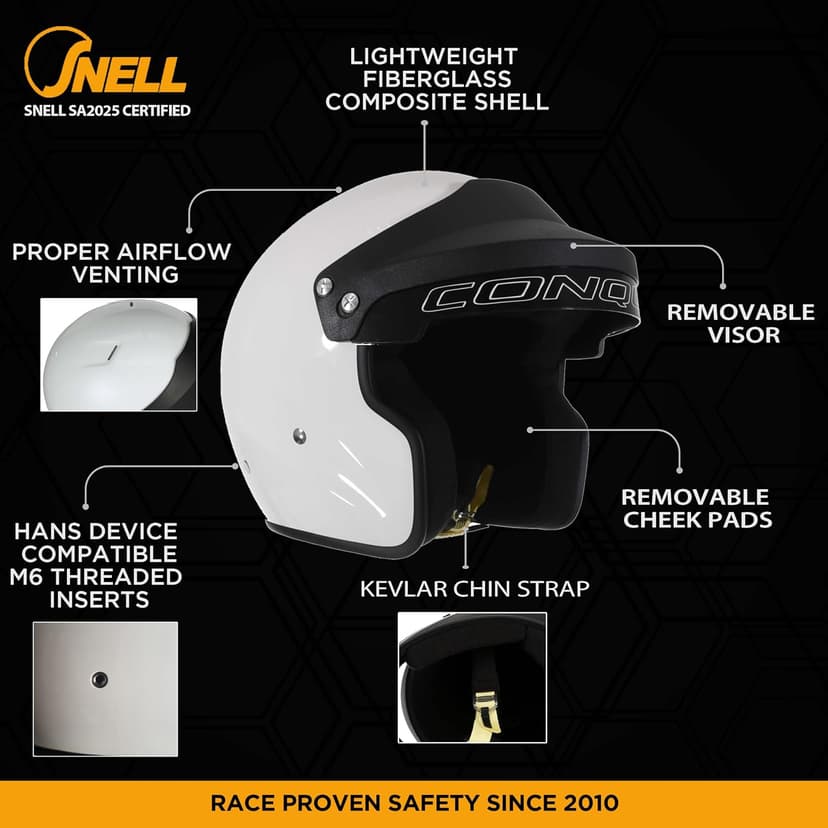 Conquer Snell SA2025 Approved Open Face Auto Racing Race Car Helmet - Adult | Men | Women | Youth - ( Black / White / Silver )