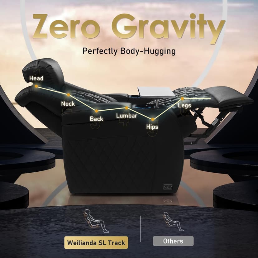Weilianda Home Theater Seating Top Grain Leather, Zero Gravity Movie Theater Chairs Set, Power Headrest Recliner Chair Gaming Seats, 7 Colors Mood Light Sofa with Tray Table USB Charge Row of 3 Black