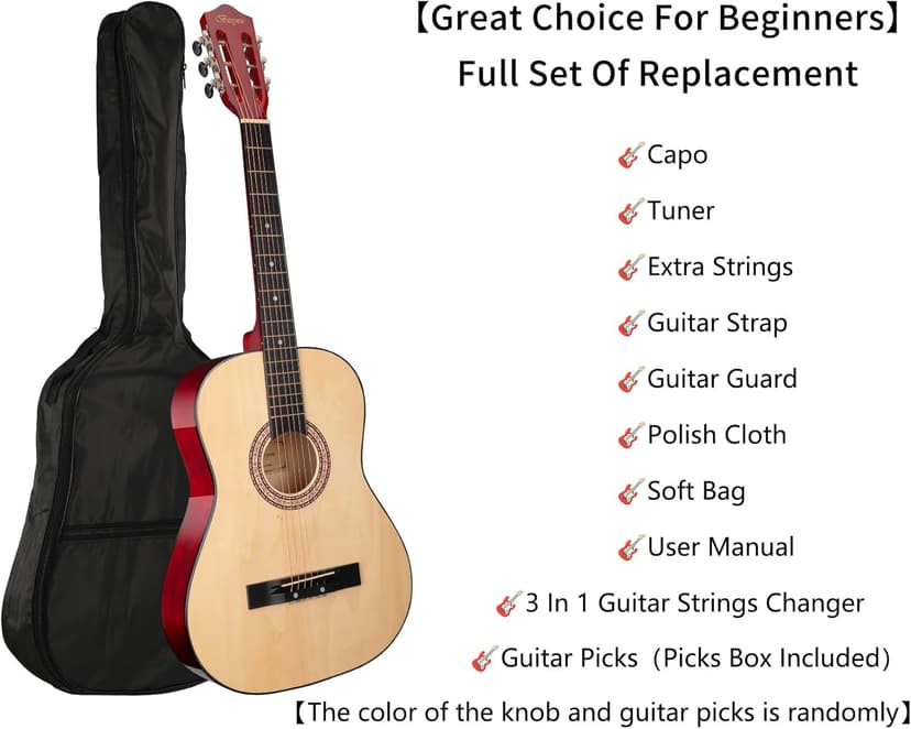 BESYOU Acoustic Guitar 38" Wood Guitar with starter kit-Travel Gig Bag, Tuner,guitar pick with Beginner Set for Kids/Adults -Natural