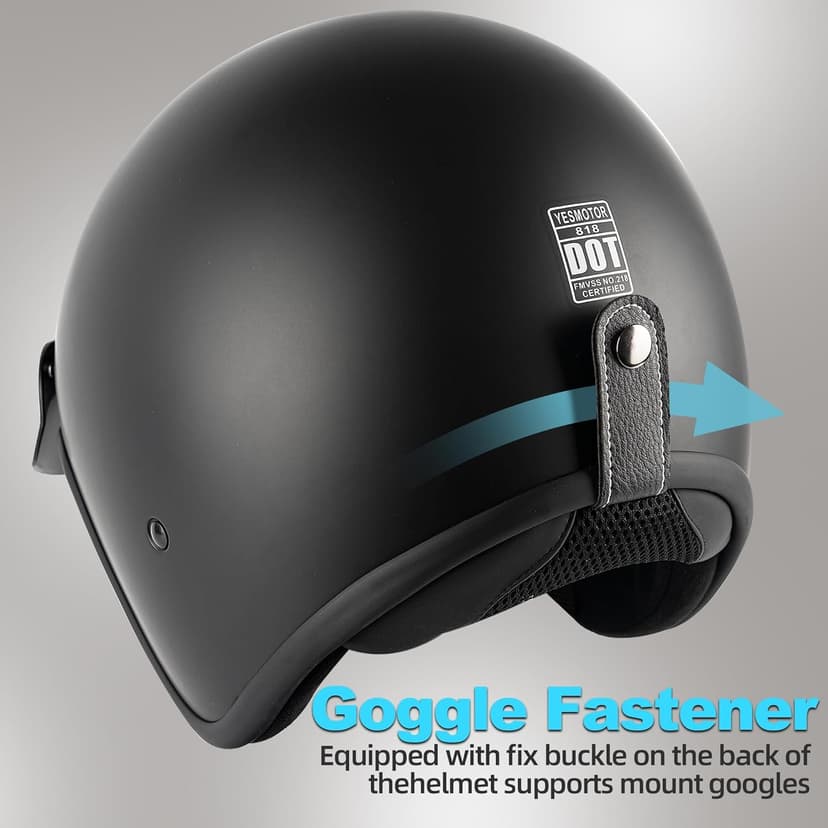 Yesmotor 3/4 Open Face Retro Motorcycle Helmet Vintage Helmet for Motorbike Casco, Moped, Cruiser, Bobber, and Chopper - DOT Approved（Matte Black,L）