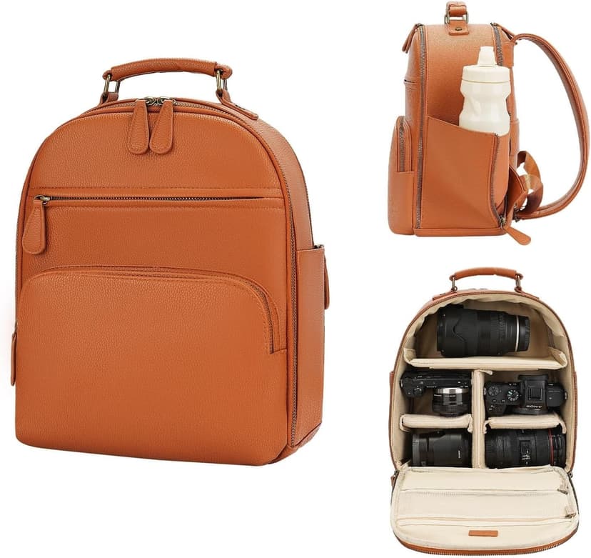 Divvia Small Camera Backpack, Classic PU Leather for DSLR, Professional Camera Bag for Photographers with 11 Inch Pad/Tablet Compartment, 10L Brown