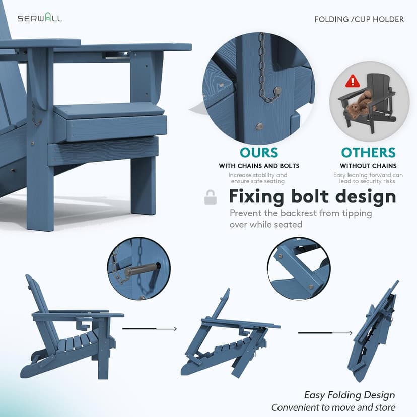 SERWALL Folding Adirondack Chair, HDPE Adirondack Chairs Set of 2, Plastic Outdoor Chairs- Looks Exactly Like Real Wood- Navy
