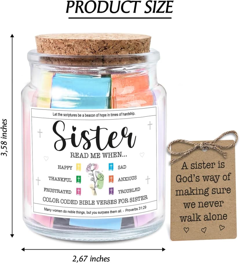 NewEleven Sister Birthday Gifts - Gift For Sister, Soul Sis, Sisters In Law - Sisters Gifts From Sister, Brother, Friend, Family - Decorative Glass Scripture Jar With 92 Bible Verse
