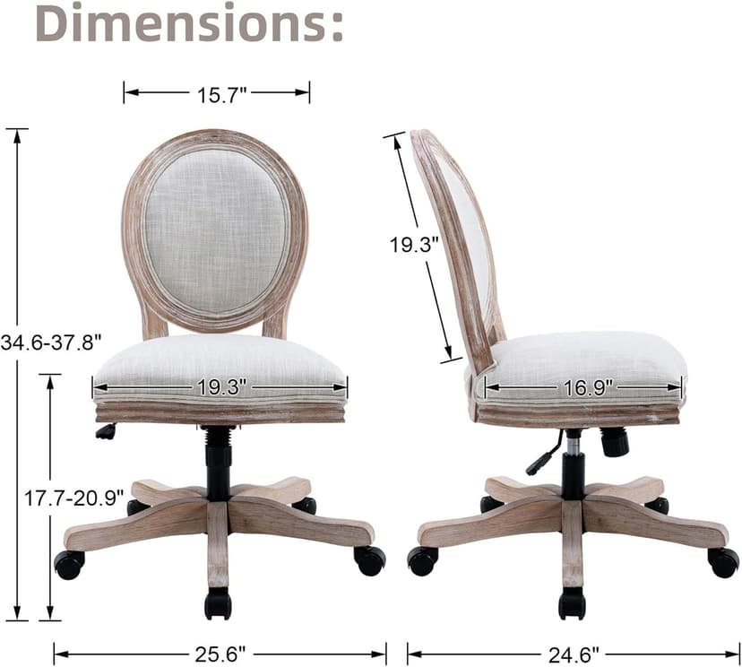 LukeAlon Vintage Linen 360° Swivel Chair, Beige Adjustable Height Task Chair, Armless Wood Frame, Round Back & Wheels for Home Office Study