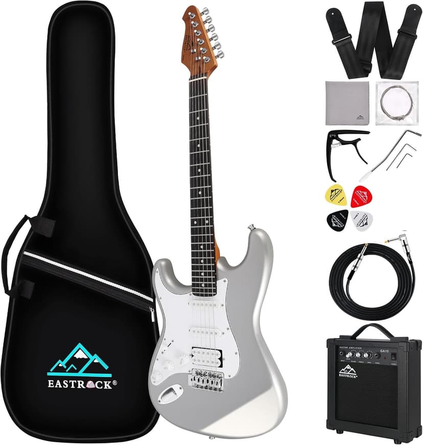 EASTROCK 39 inch Full-Size Electric Guitar Kit for Beginner Starter with 10w Amp, Bag, Capo, Shoulder Strap, String, Cable, Picks.(39" Left Handed, Silver Gray) Not Contain a Battery