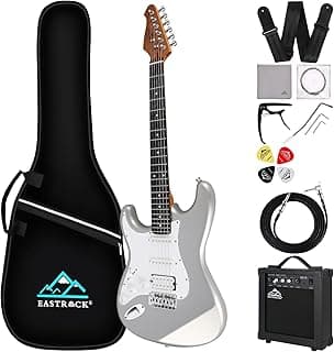 EASTROCK 39 inch Full-Size Electric Guitar Kit for Beginner Starter with 10w Amp, Bag, Capo, Shoulder Strap, String, Cable, Picks.(39" Left Handed, Silver Gray) Not Contain a Battery