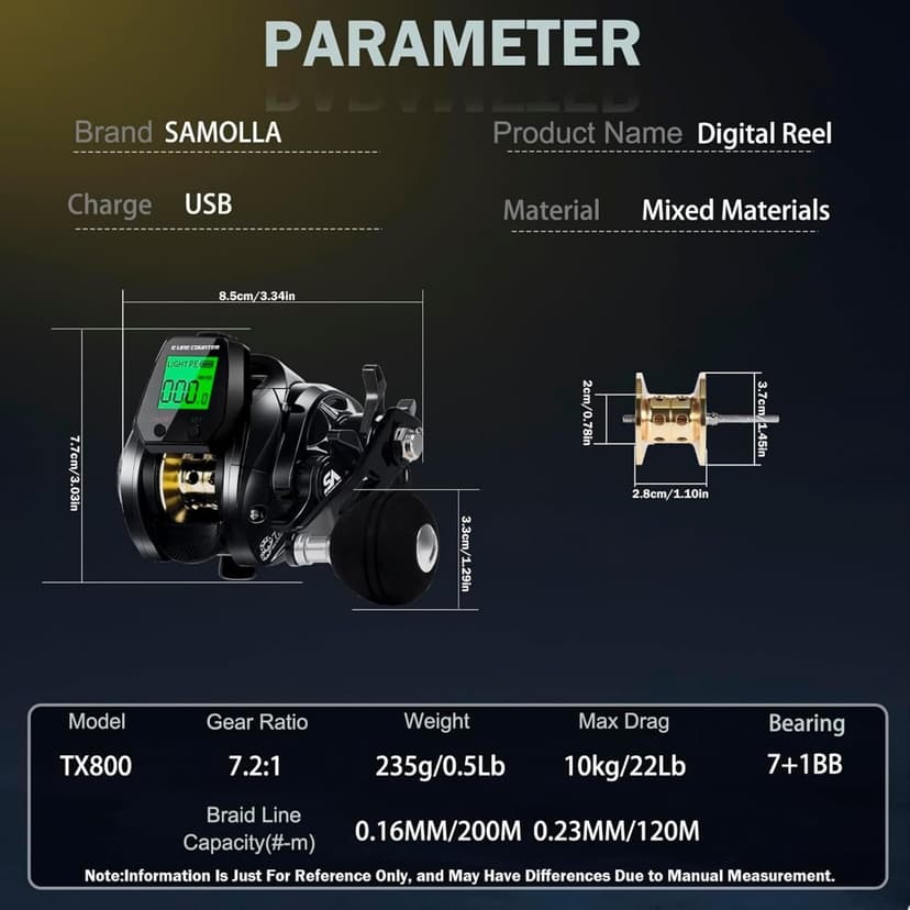 SAMOLLA Smart Digital Line Counter Fishing Reels Saltwater Baitcaster Reels Multi-Function 22Lb/35Lb Max Drag