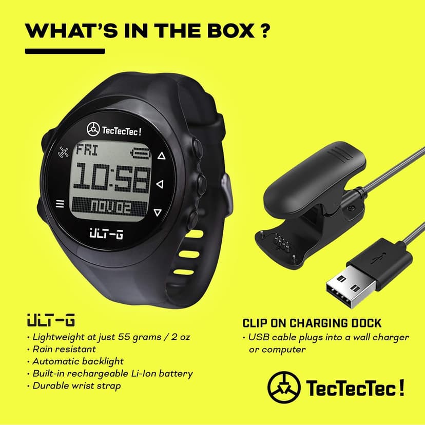 TecTecTec TecTecTec ULT-G Stylish, Lightweight and Multi-Functional Golf GPS Watch, Durable Wrist Band with LCD Display, Worldwide Preloaded Courses - Black