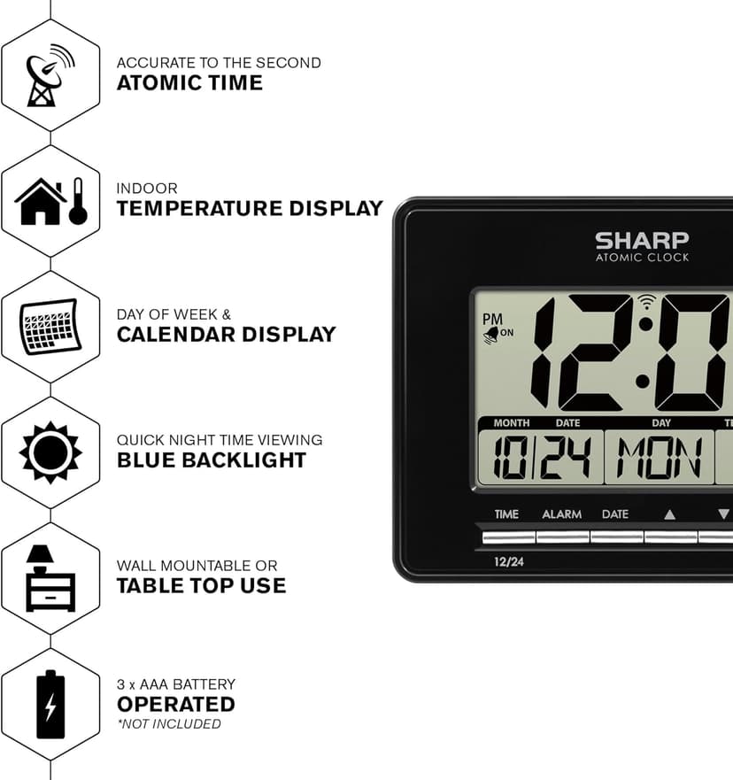 Sharp Atomic Desktop Clock – Auto Set Digital Alarm Clock - Atomic Accuracy - Easy to Read Screen with Time/Date/Temperature Display- Perfect for Nightstand or Desk