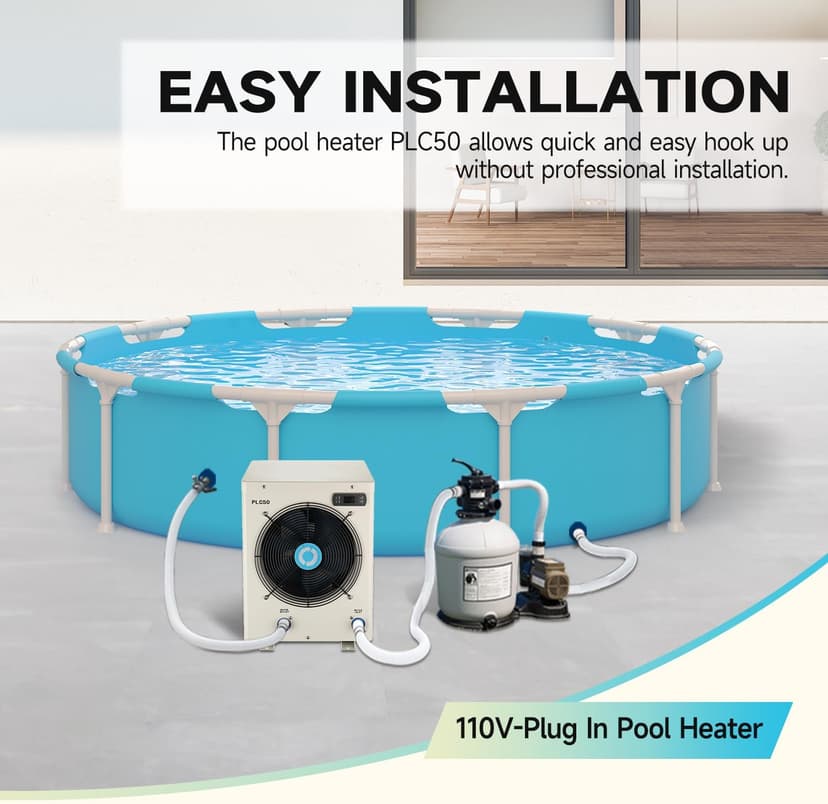 14000BTU Above Ground Pool Heater, Electric Swimming Pool Heat Pumps for Pools up to 4000 gallons, Fits 9/11/15 Foot Pool and Spas, 120V/60Hz, PLC50
