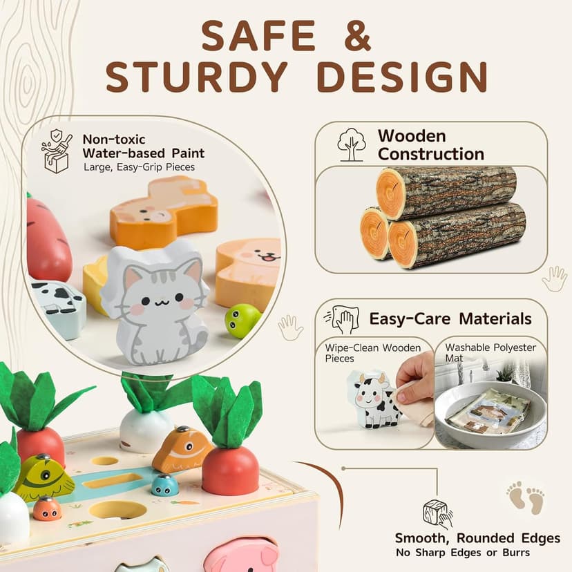 with Fishing Game, Pull-Along Storage Cart, Gears & Play Mat for Fine Motor Play First Birthday Gift for Boys & Girls Ages 1+ Fajiabao Wooden Montessori Toys for 1 Year Old, 7-in-1 Farm Activity Toy B0GL66PD6W