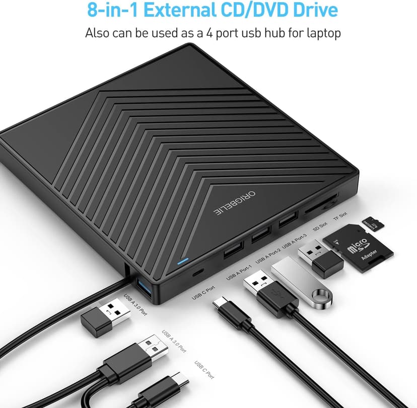 ORIGBELIE External CD DVD Drive, Ultra Slim CD Burner USB 3.0 with 4 USB Ports and 2 TF/SD Card Slots, Optical Disk Drive for Laptop Mac, PC Windows 11/10/8/7 Linux OS