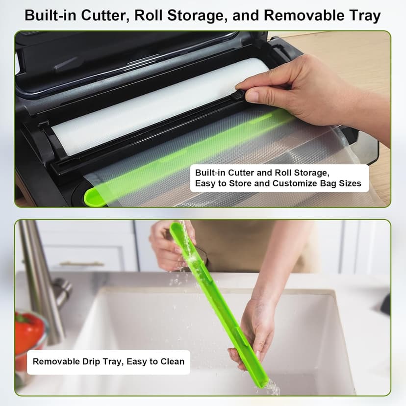 Gasbye Vacuum Sealer Machine, 95kPa Food Sealer with Double Heat Seal for Dry/Moist Food, Easy-lock Handle, Built-in Bag Storage & Cutter, Progress Display, Removable Drip Tray, Silver