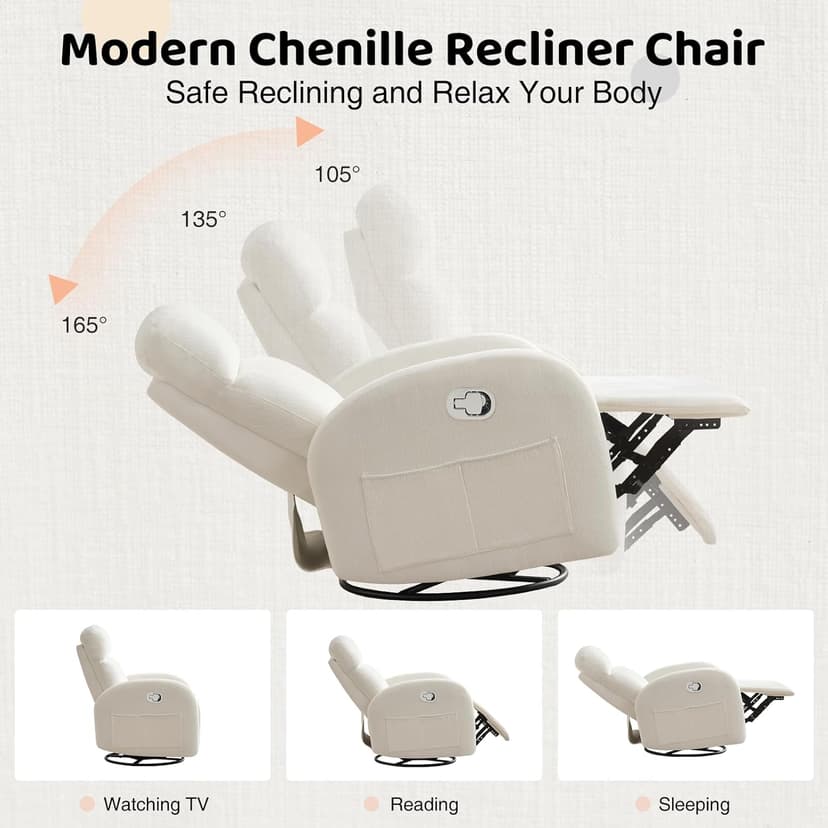 Rocking Recliner Nursery Chair, Swivel Recliner Glider for Nursery with 2 Pockets, Reclining Rocking Chair, Manual Recliners for Living Room, Bedroom, Cream White Chenille