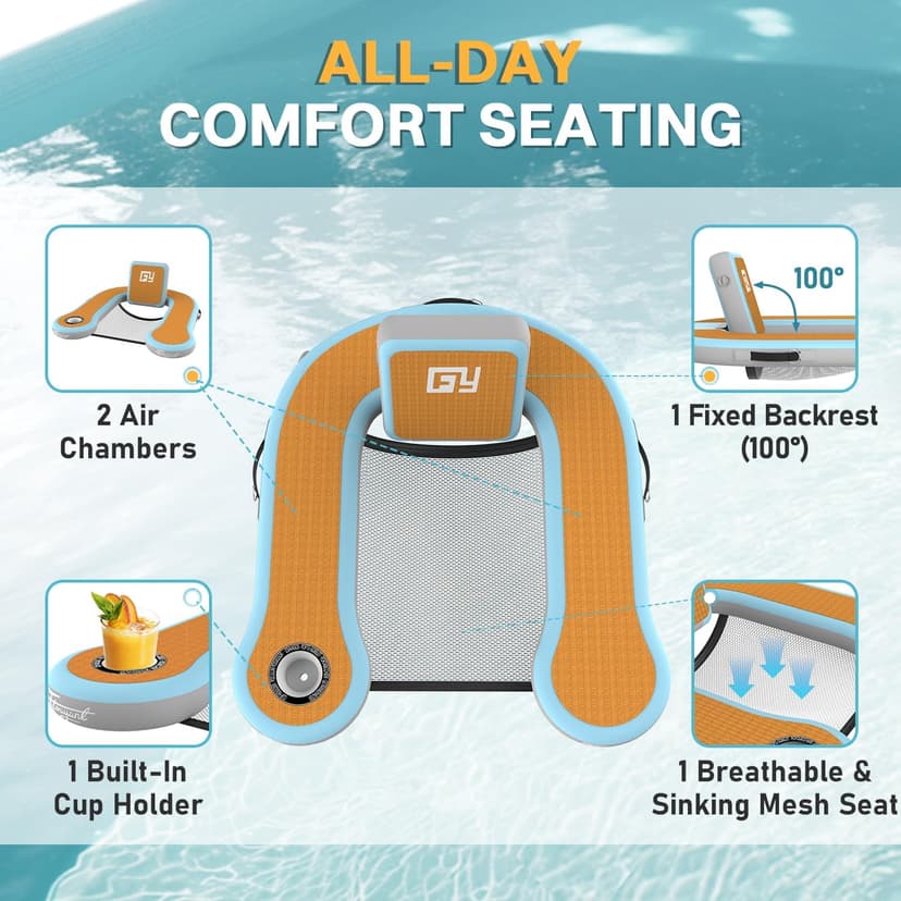 Adults Inflatable Pool Float Chair, Floating Lounger with Cup Holder, 100° Fixed Backrest, Breathable & Sinking Mesh Seat, Inflatable Lounger Float for Swimming Pool/Beach/Lake/Party