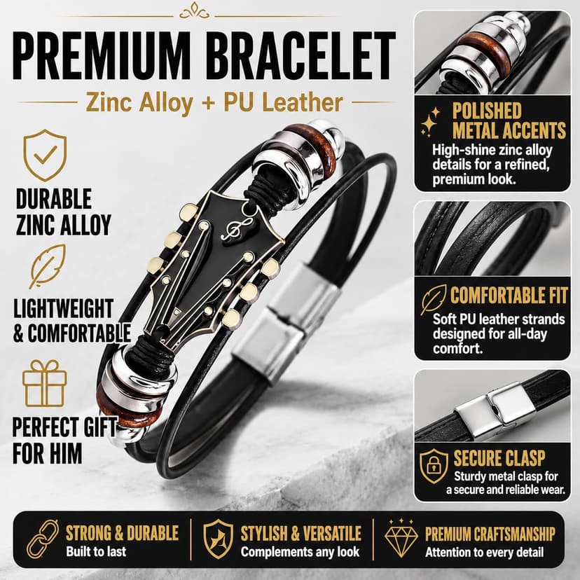 Retro Guitar Leather Bracelet for Man Women Unique Bead Braided Handmade Ethnic Tribal Cuff Multi-Layer Cords Wrap Music Shape Punk Rock Jewelry Gifts Wristband B0DXQF42VT