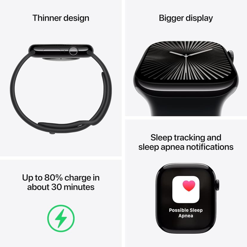 Apple Watch Series 10 [GPS 46mm case] Smartwatch with Jet Black Aluminum Case with Black Sport Band - M/L. Fitness Tracker, ECG App, Always-On Retina Display, Water Resistant