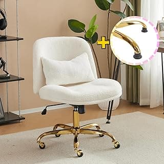 VINGLI Wide Criss Cross Legged Office Chair,Buttprint Ergonomic Desk Chair Comfy with Pillow&Gold Base,Dual-Use with/no Wheels,Adjustable Vanity Swivel Chair for Bedroom,Home Office,Teddy Fleece,White