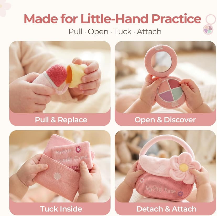 Teether Phone, Wooden Keys & Car Key, Soft Baby Purse with Mirror & Crinkle Card, Sensory Pretend Play, 1 Year Old Girl Gifts let's make My First Baby Purse, 10 Pcs Sensory Toy for Baby & Toddler Girls B0H151K19V