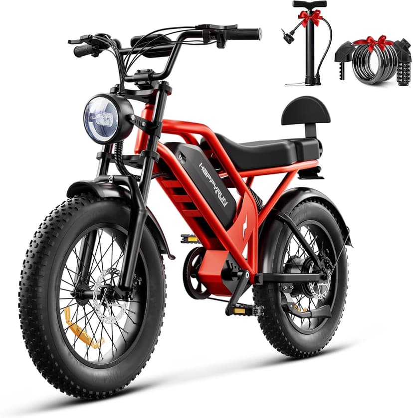 HAPPYRUN 1500W Electric Bike for Adults, 48V 18Ah Removable Battery, 20" Fat Tire E-Bike, 32MPH & 68+ Miles Range, 7-Speed Transmission, All-Terrain Mountain Ebike for Men & Women (Orange-red)