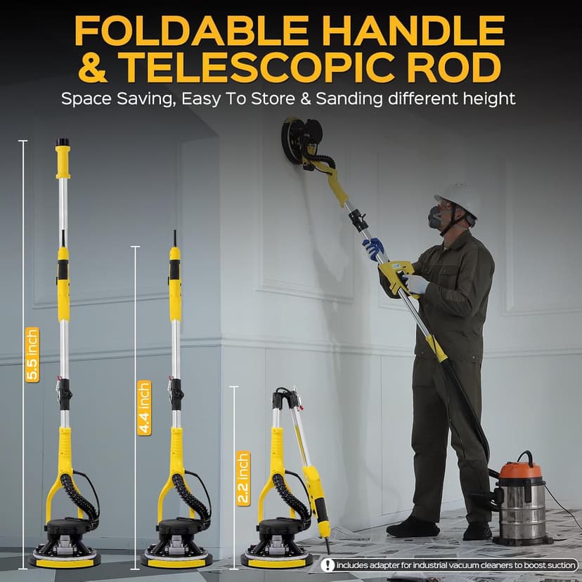 Drywall Sander Tool, KUPERIA 8.5 Amp Popcorn Ceiling Removal Tool with 7 Variable Speed 800-1800RPM, Electric Drywall Sander with Extendable Handle, LED Light,6 Basic Sand Paper & 6 Grid Sandpaper