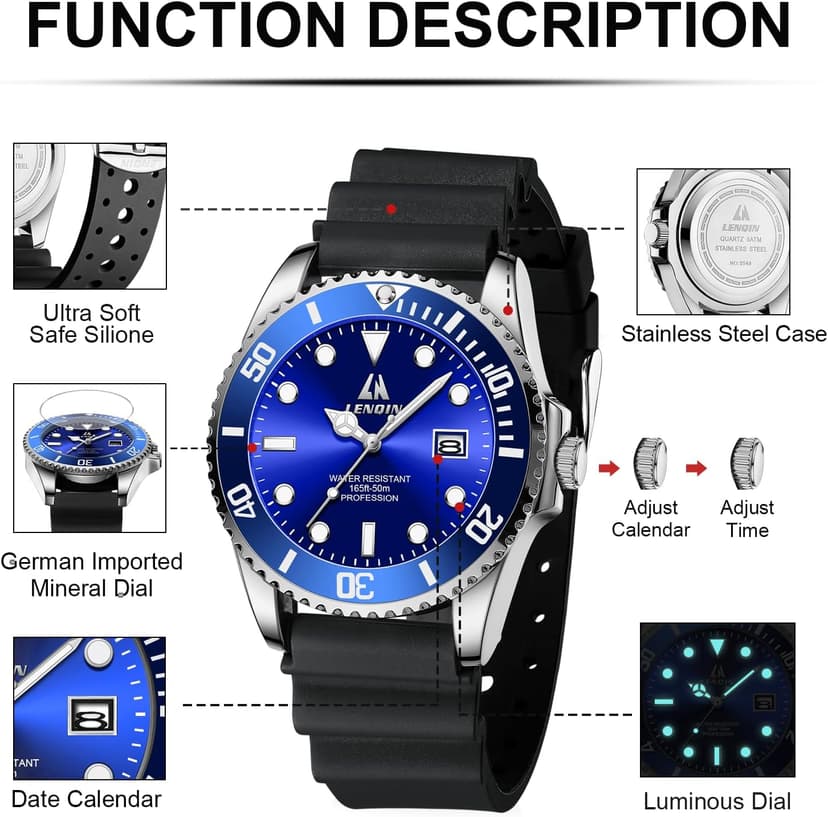 LN LENQIN Mens Watches Stainless Steel Waterproof Analog Quartz Watch for Men with Date Luminous Fashion Wristwatch