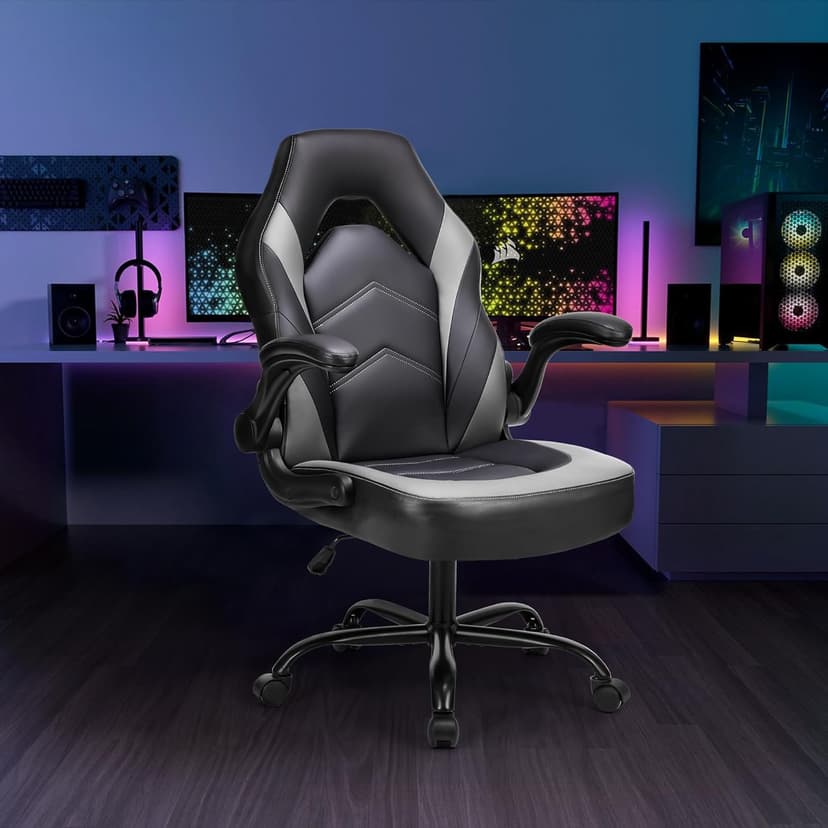 OLIXIS Big and Tall Office Desk Leather Gaming Computer Chair with Adjustable Swivel Task and Flip-up Arms for Adults, Teens, Black and Grey