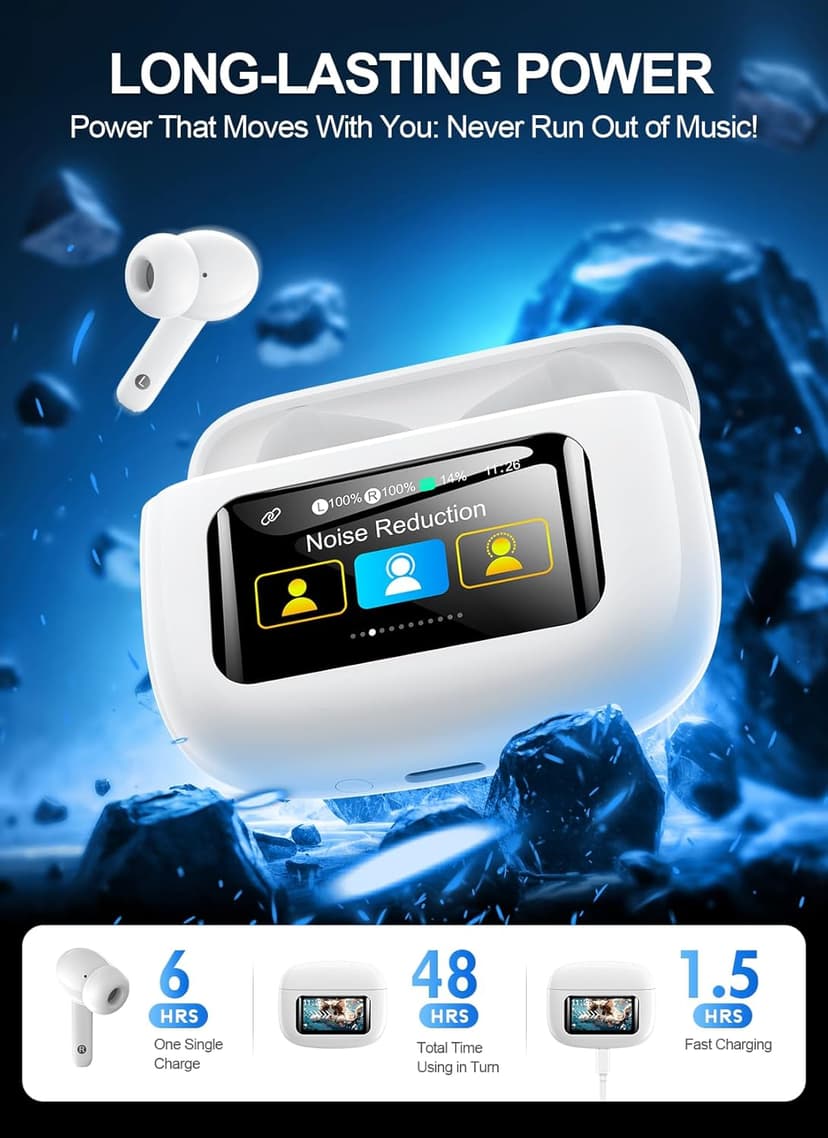 JGUG Wireless Earbuds Bluetooth 6.0 Headphones, Ear Buds with ANC Noise Cancelling, ENC Clear Calls, Touchscreen LED Display Case, 48H Playtime, Stereo Sound, IPX7 Waterproof for Sports Workout