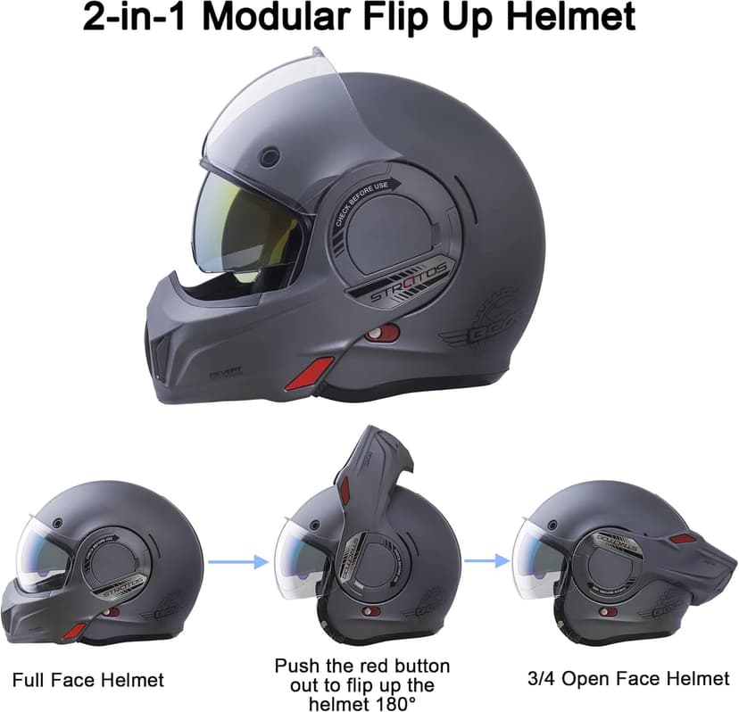 Full Face Motorcycle Helmet DOT Approved, 180° Reversible Chin Guard Modular Pilot Helmet with Anti-Fog Dual Visors for Adult Men Women