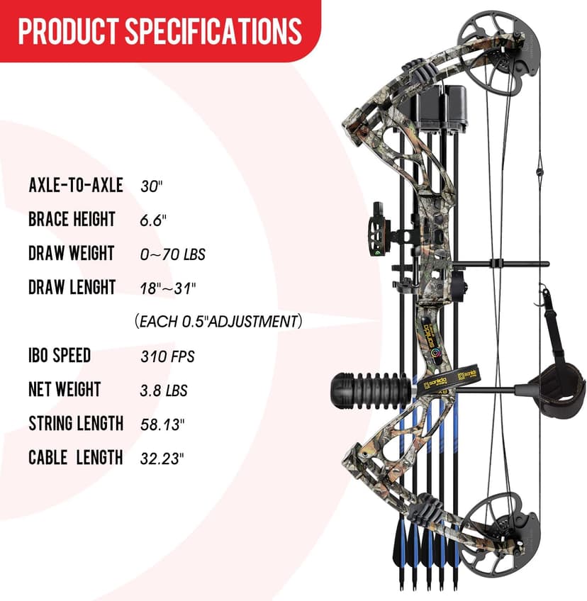 Sanlida Archery Dragon X8 RTH Compound Bow Package for Adults and Teens,18”-31” Draw Length,0-70 Lbs Draw Weight,up to IBO 310 fps,No Bow Press Needed,Limited Life-time Warranty,RH Only